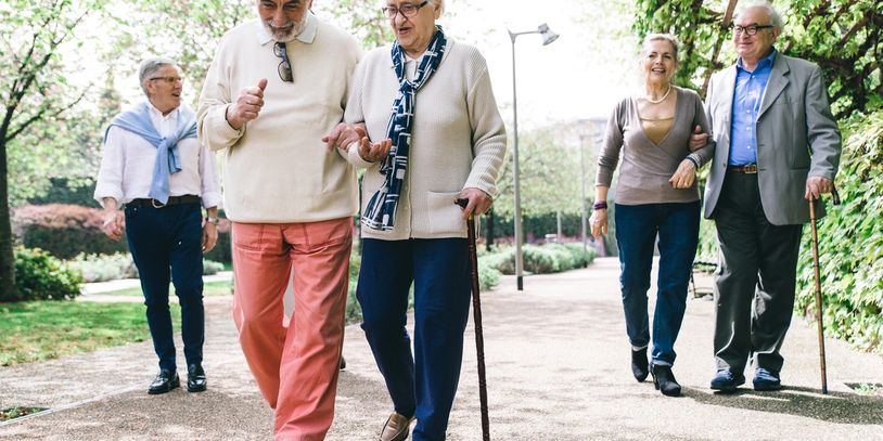 Five senior citizens walking and talking is a park of a housing society