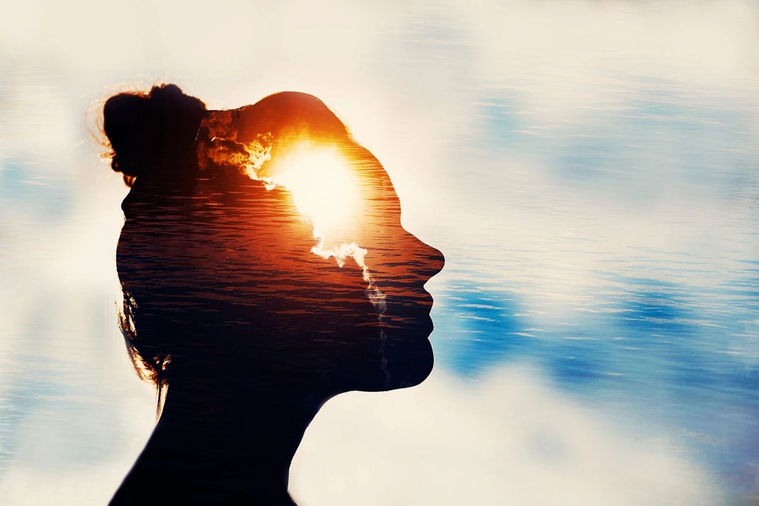 La cabeza de una mujer en sombra junto al agua al amanecer, en el estilo de flujo de energía dinámic