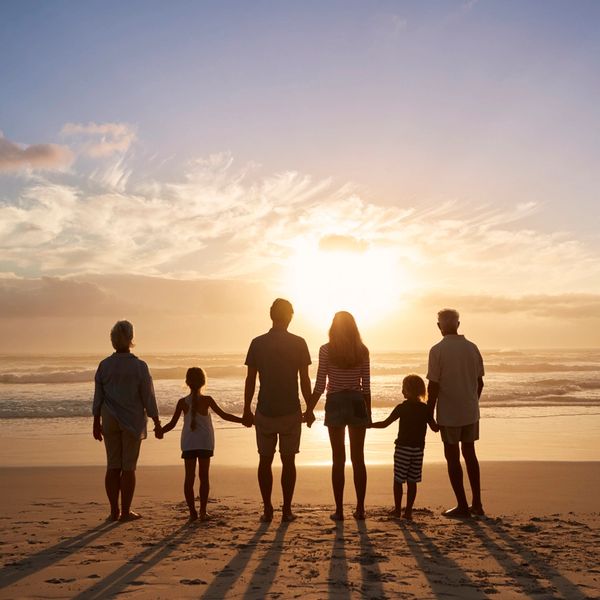 Family holding hands watching sunset on the beach.