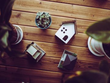 Miniature house models and plants on a wooden table.