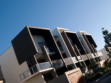 Modern architectural building with geometric design.