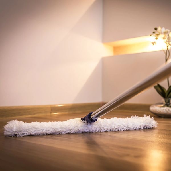 A flat mop cleaning a wooden floor in a cozy room corner.