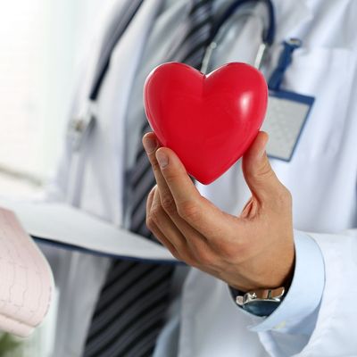 Doctor holding a plastic heart to symbolize healthy living. 