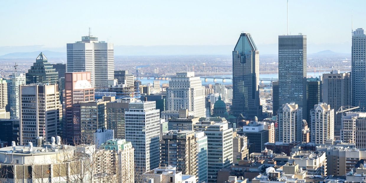 City skyline with modern high-rise buildings and a distant bridge over the river.