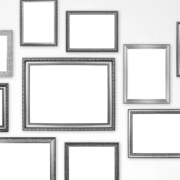 Collage of empty picture frames in black and white, leads to Visual Arts tab