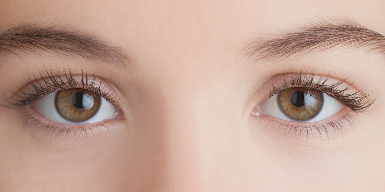 A close-up of a child's brown eyes, eyelashes, and eyebrows. 