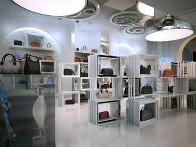 Modern retail space displaying luxury handbags in a bright, sleek setting.