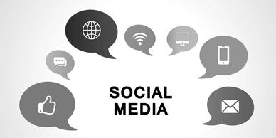 Social media icons in speech bubbles around text.