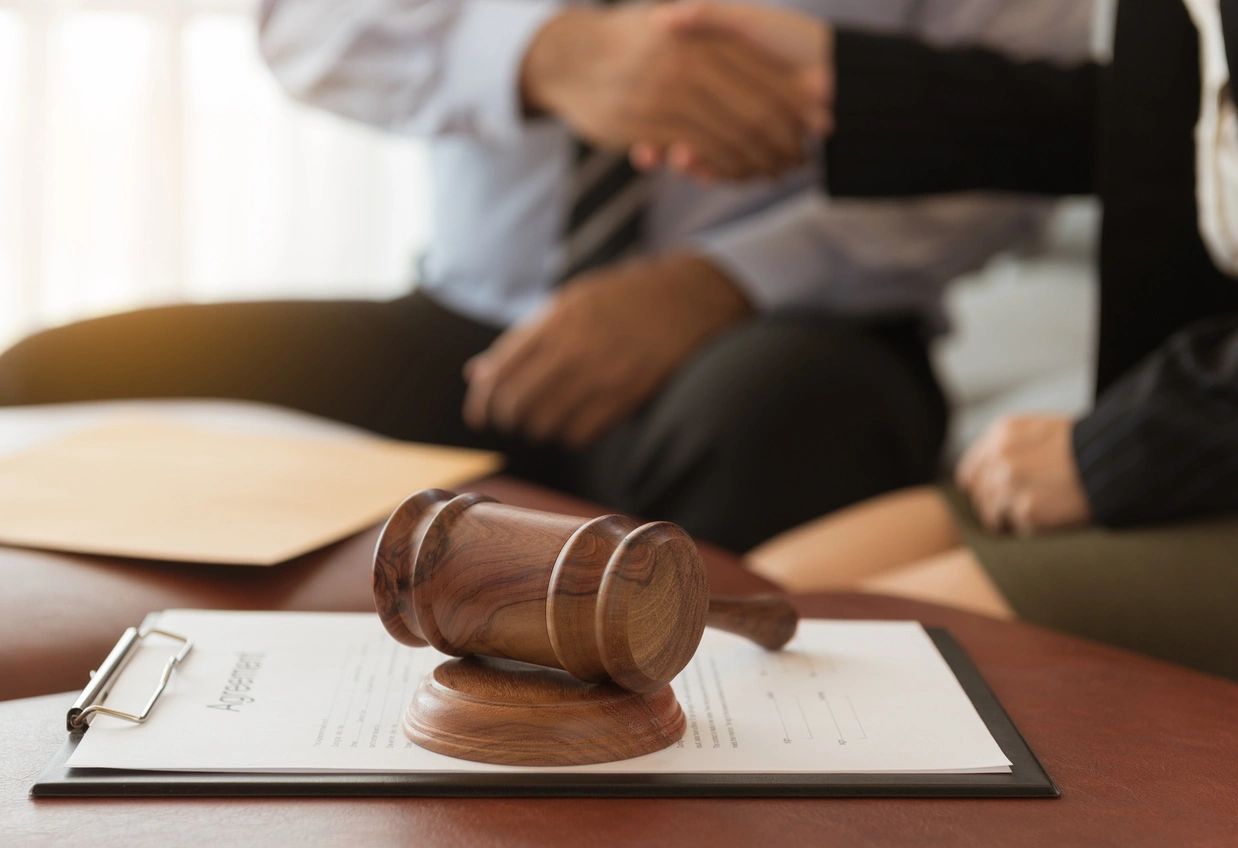 Gavel on a clipboard; two people shaking hands in the background. 