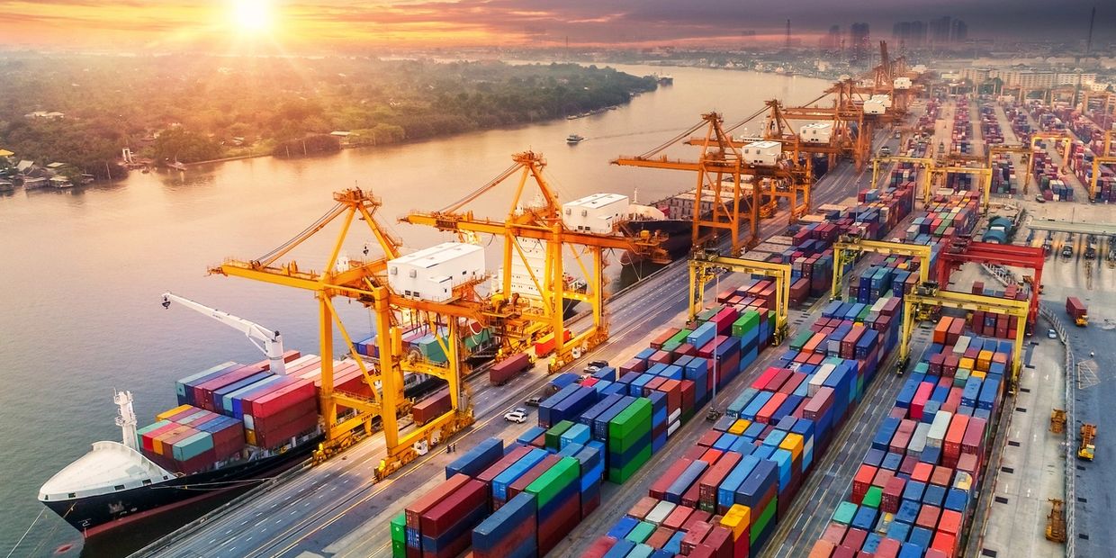 Container ships at docks being loaded by gantry cranes