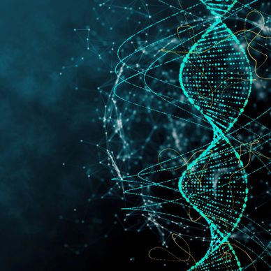 Digital representation of a DNA double helix with glowing blue dots and lines.