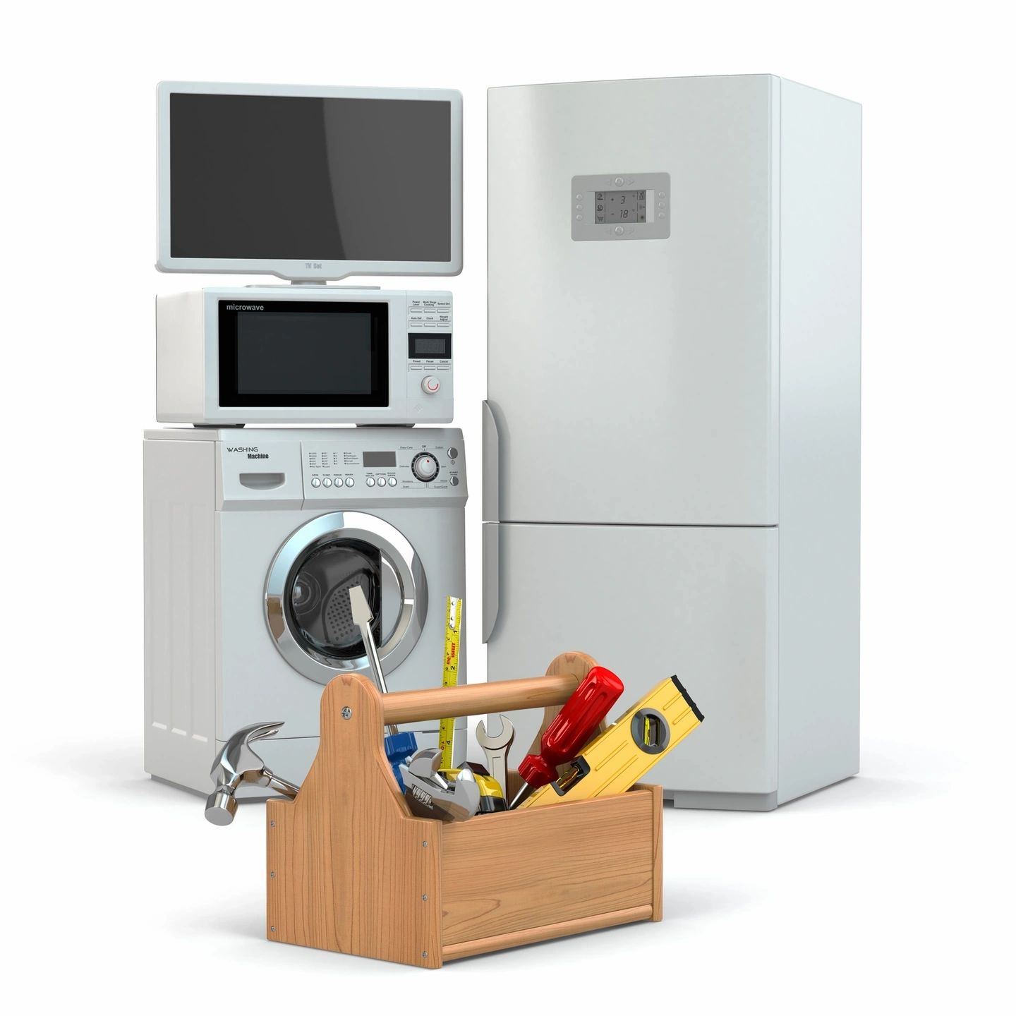 Fridge, washer, microwave and TV sitting behind a wooden toolbox, full of tools.
 