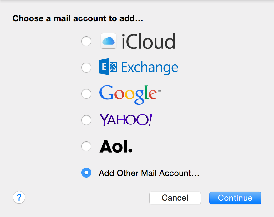 Select Add Other Mail Account, click Continue